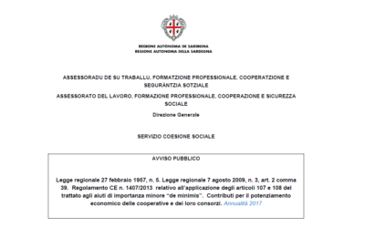 RAS – Approvati in via definitiva i contributi per il potenziamento economico delle cooperative e dei loro consorzi – Annualità 2017.