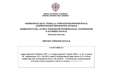 RAS – Pubblicato l’Avviso “Contributi per il potenziamento economico delle cooperative e dei loro consorzi” Annualità 2018