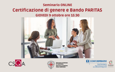 Iscrizione per le cooperative: “Certificazione Parità di Genere  e  Bando PARITAS”